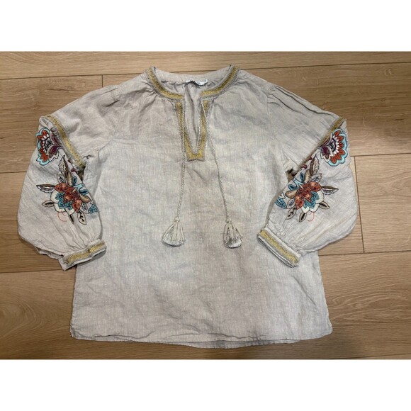 Chico's Tops - Chico's Embroidered Linen Peasant Top Tunic Boho Festival Blouse Size 0.5 (US 6)